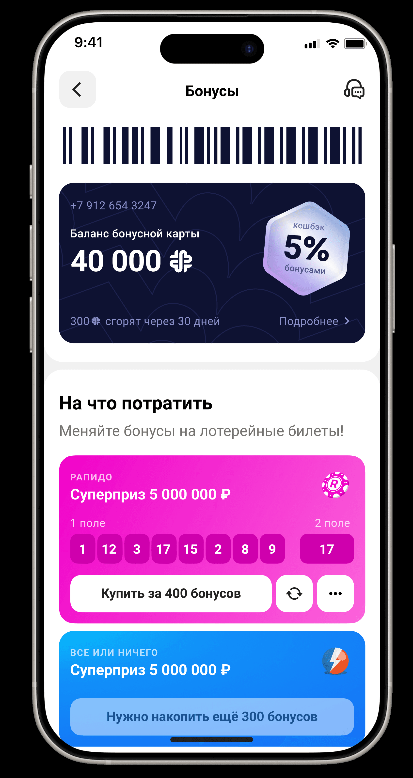 Stoloto phone interface